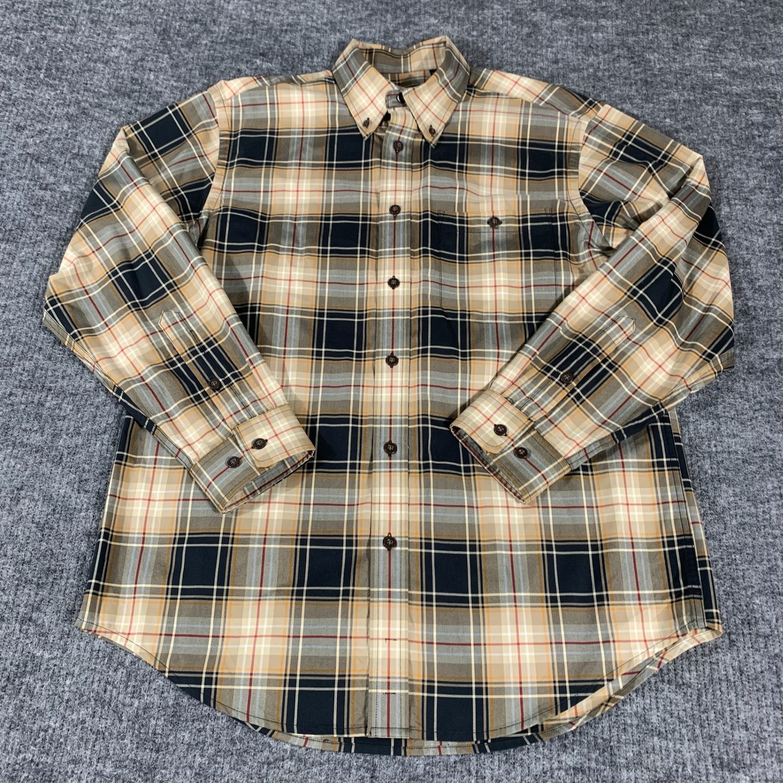 Orvis Shirt Mens Large Beige Plaid Button Down Long Sleeve Twill Fishing Cotton